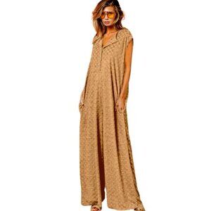 BiBi Checkered Cap Sleeve Wide Leg Jumpsuit with Pockets